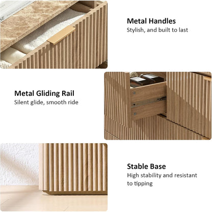 Hvoonc 54.5" Wide 6 Drawer Dresser for Bedroom with Faux Marble Top, Modern Curved-Corner Fluted Oak Storage Cabinet. Natural Oak