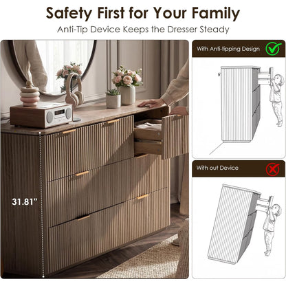 Hvoonc 7 Drawer Dresser for Bedroom, 54.5" W Curved-Corner Modern Chest of Drawers with Faux Marble Top, Natural Oak