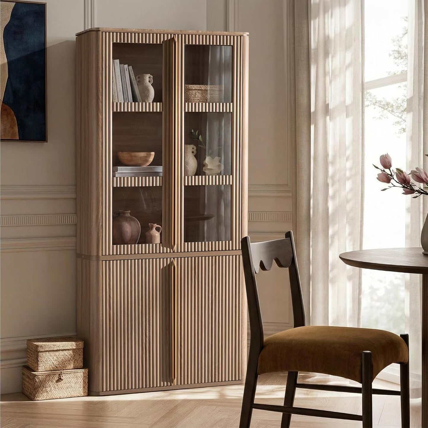 Hvoonc 77" Tall Fluted Accent Storage Cabinet with Glass Doors and Shelves, Kitchen Pantry Cabinet Organizer, Natural Oak