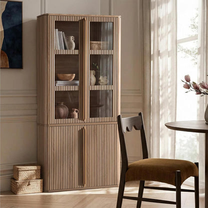 Hvoonc 77" Tall Fluted Accent Storage Cabinet with Glass Doors and Shelves, Kitchen Pantry Cabinet Organizer, Natural Oak