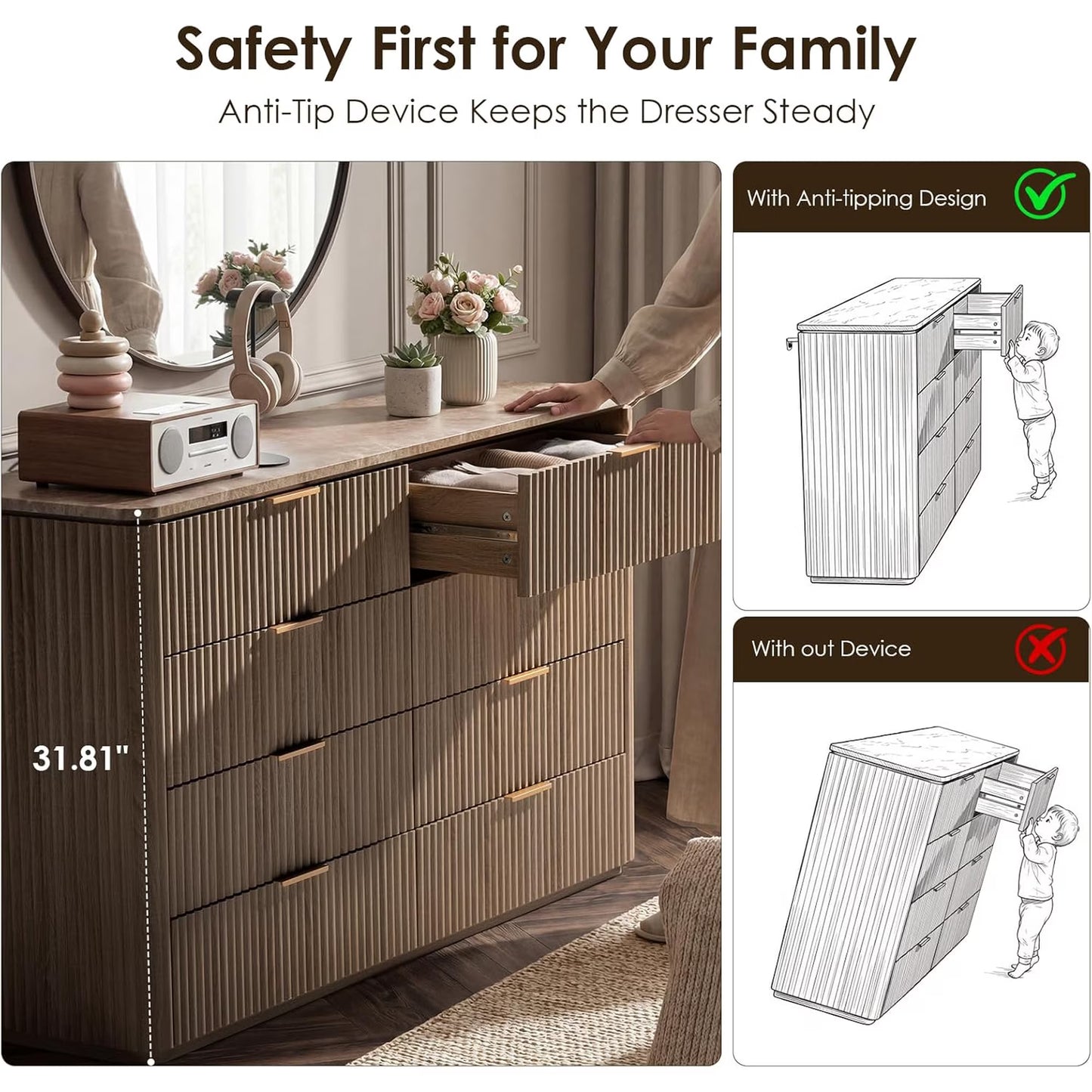 Hvoonc 8 Drawer Dresser for Bedroom with Faux Marble Top, 54.5" W Modern Oak Fluted Wood Bedroom Storage Cabinet