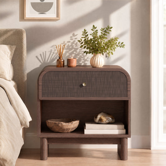 Hvoonc Rattan Nightstand with Open Shelf, Rounded Corner Bedside Tables with Drawer Storage, Modern End Tables for Bedroom, Dark Oak