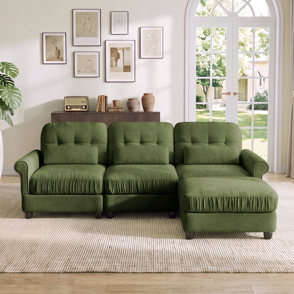 Hvoonc 98" Modular Sectional Sofa for Living Room, L Shaped Couch with Ottoman Chaise, Chenille Upholstery, Green