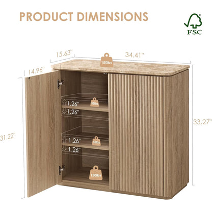 34"W Fluted Sideboard Buffet Cabinet, 2 Push-to-Open Doors, Natural Oak