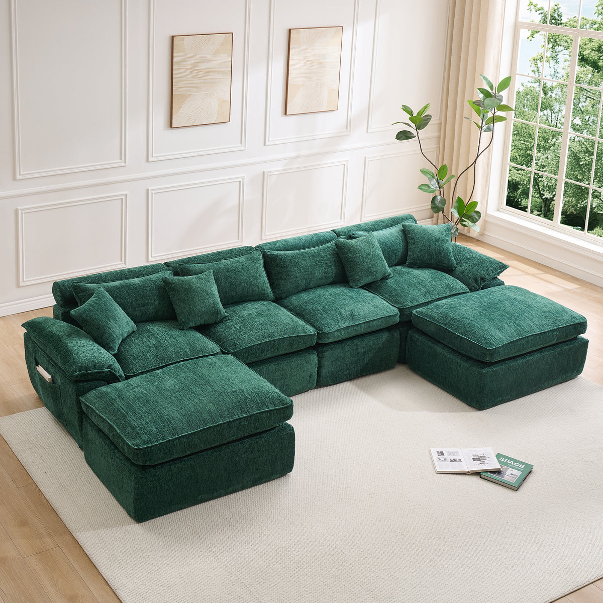 Hvoonc 137.5" Modular Sectional Couches for Living Room, Boneless Cloud Chenille Couch in a Box with 23.6" Deep Seats & Ottomans, Dark Green