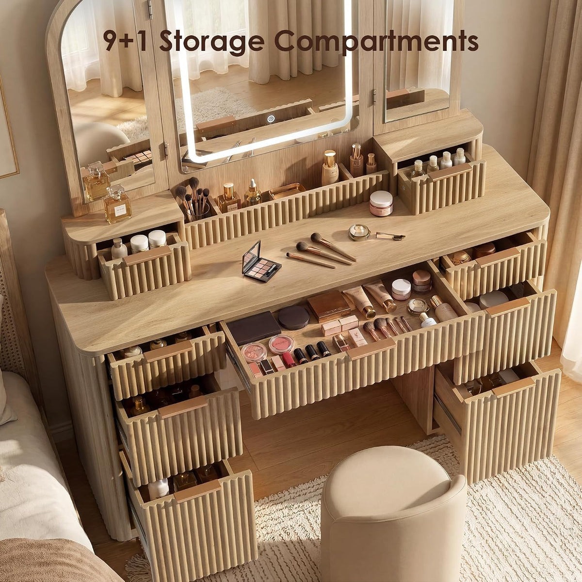 Hvoonc Vanity Desk with Trifold Mirrors and Lights, Fluted Makeup Vanity Table with 9 Drawers, Large Arched LED Mirror, Dressing Table with Storage for Bedroom, Natural Oak