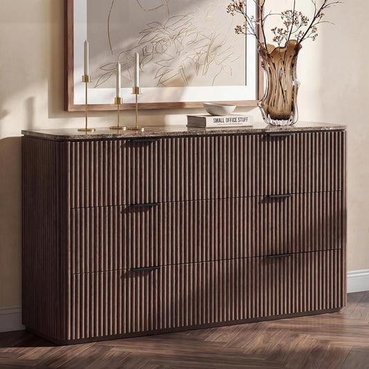 Hvoonc 54.5" Wide 6 Drawer Dresser for Bedroom with Faux Marble Top, Modern Curved-Corner Fluted Oak Storage Cabinet.  Walnut Brown