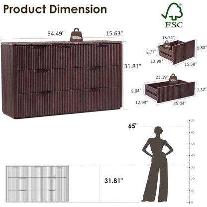 Hvoonc 54.5" Wide 7 Drawer Dresser for Bedroom, Faux Marble Top Storage Cabinet with 2" Thick Side Board, Walnut Brown