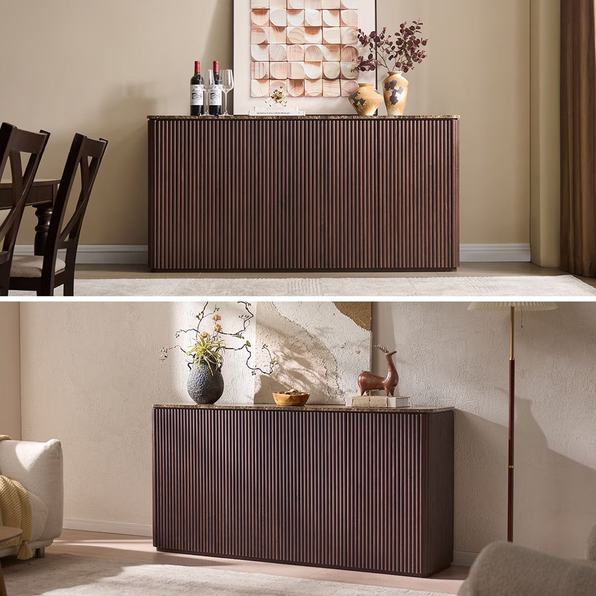 65.5"W Fluted Sideboard Buffet Cabinet with Storage, 4 Push-to-Open Doors, Walnut Brown