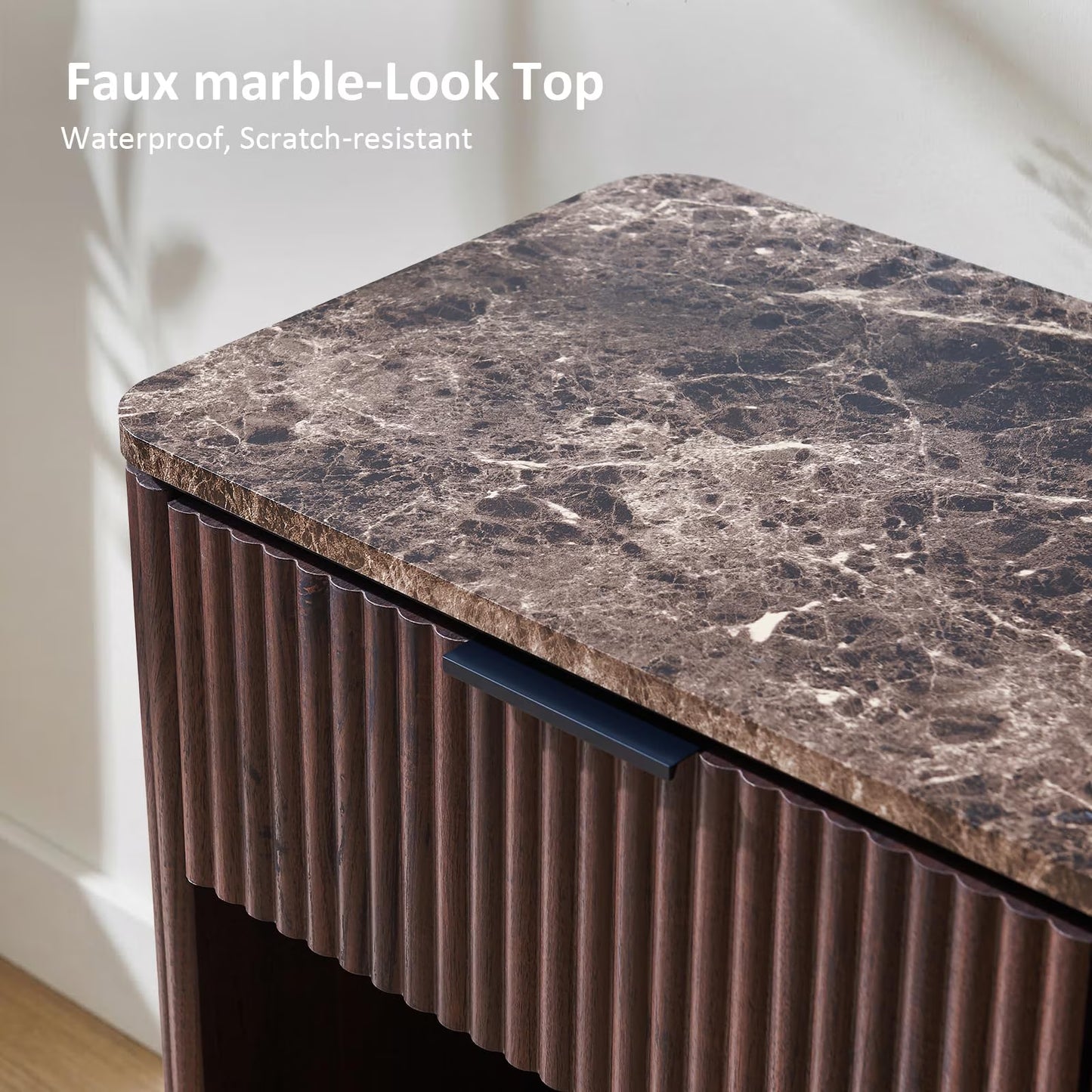 Hvoonc Fluted Nightstand with Drawer, Faux Marble Top, 24" Tall Modern End Table for Living Room, Rounded Corner Design, Walnut Brown