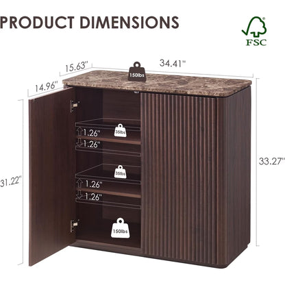 34"W Fluted Sideboard Buffet Cabinet, 2 Push-to-Open Doors, Walnut Brown