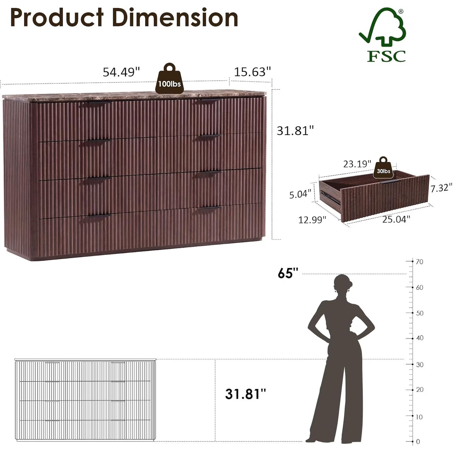 Hvoonc 8 Drawer Dresser with Faux Marble Top, 54.5" Wide Fluted Storage Cabinet for Bedroom, Walnut Brown