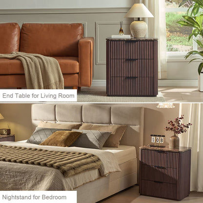 Hvoonc 3 Drawer Nightstands Set of 2, Fluted Bedside Tables with Faux Marble Top, Large Capacity Storage, Walnut Brown