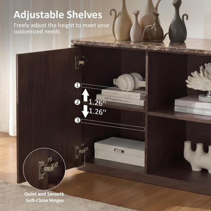 Hvoonc 70" Fluted TV Stand for 65-80" TVs, Faux Marble Top, Entertainment Center with Storage for Living Room, Walnut Brown