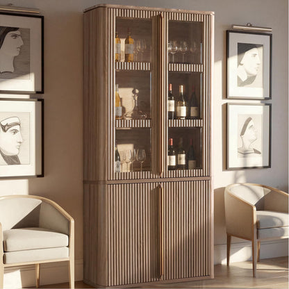 Hvoonc 77" Tall Fluted Accent Storage Cabinet with Glass Doors and Shelves, Kitchen Pantry Cabinet Organizer, Natural Oak