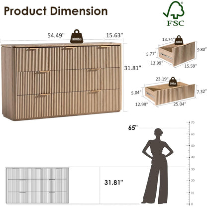 Hvoonc 7 Drawer Dresser for Bedroom, 54.5" W Curved-Corner Modern Chest of Drawers with Faux Marble Top, Natural Oak