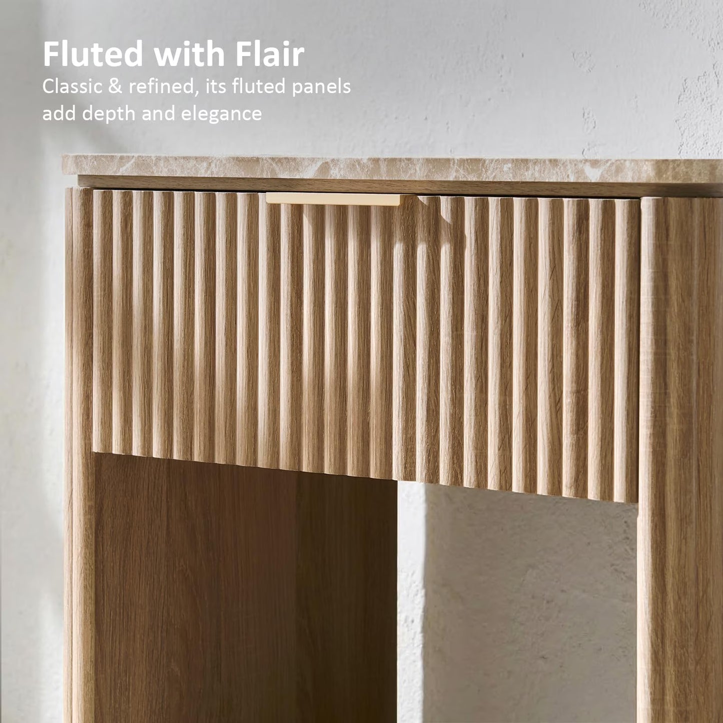 Hvoonc Fluted Nightstand with Drawer, Faux Marble Top, 24" Tall Modern End Table for Living Room, Rounded Corner Design, Natural Oak