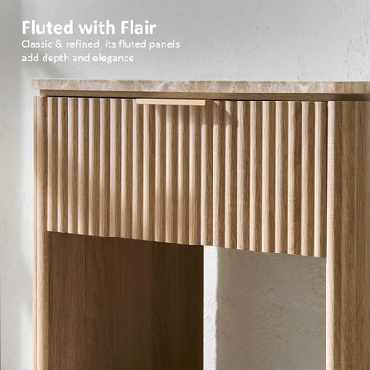 Hvoonc Fluted Nightstand with Drawer, Faux Marble Top, 24" Tall Modern End Table for Living Room, Rounded Corner Design, Natural Oak