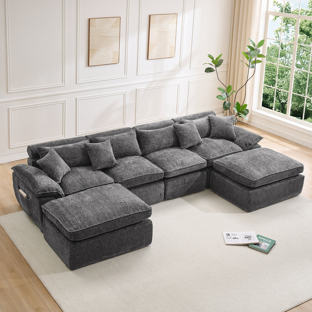 Hvoonc 137.5" Modular Sectional Couches for Living Room, Boneless Cloud Chenille Couch in a Box with 23.6" Deep Seats & Ottomans, Dark Gray
