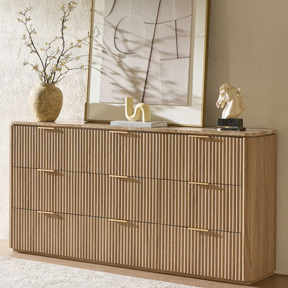 Hvoonc 63" Wide 9 Drawer Dresser with Faux Marble Top and 2" Thick Side Board, Large Oak Storage Cabinet for Bedroom Living Room