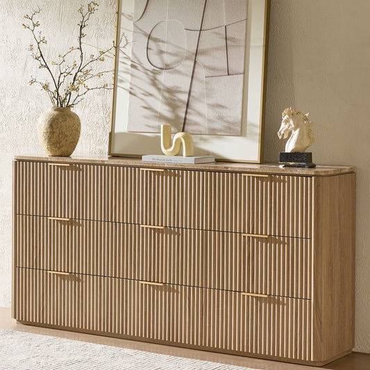 Hvoonc 63" Wide 9 Drawer Dresser with Faux Marble Top and 2" Thick Side Board, Large Oak Storage Cabinet for Bedroom Living Room