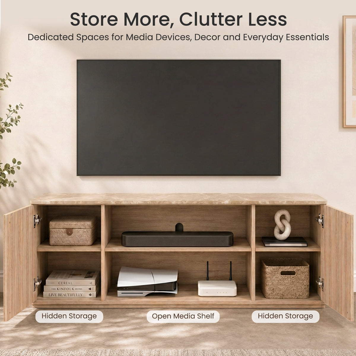 Hvoonc 70" Fluted TV Stands for Living Room with Storage, Faux Marble Top, Modern Wood Television Console for 65-80" TVs, Large Entertainment Center, Natural Oak