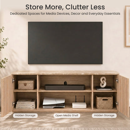 Hvoonc 70" Fluted TV Stands for Living Room with Storage, Faux Marble Top, Modern Wood Television Console for 65-80" TVs, Large Entertainment Center, Natural Oak