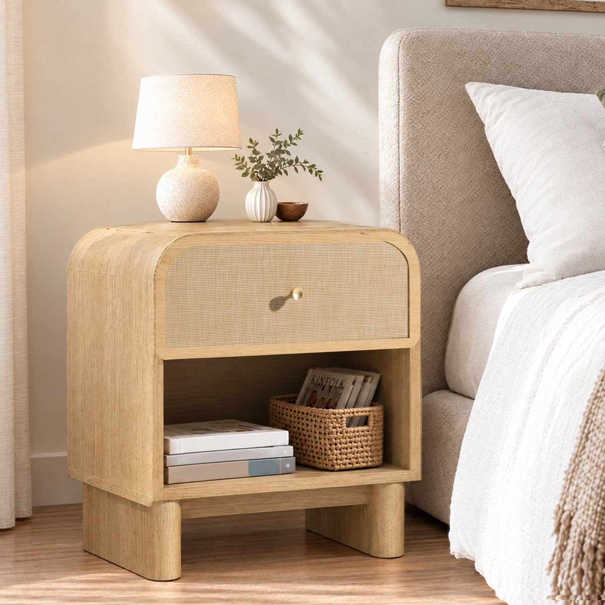 Hvoonc Rattan Nightstand with Open Shelf, Rounded Corner Bedside Tables with Drawer Storage, Modern End Tables for Bedroom, Natural Oak