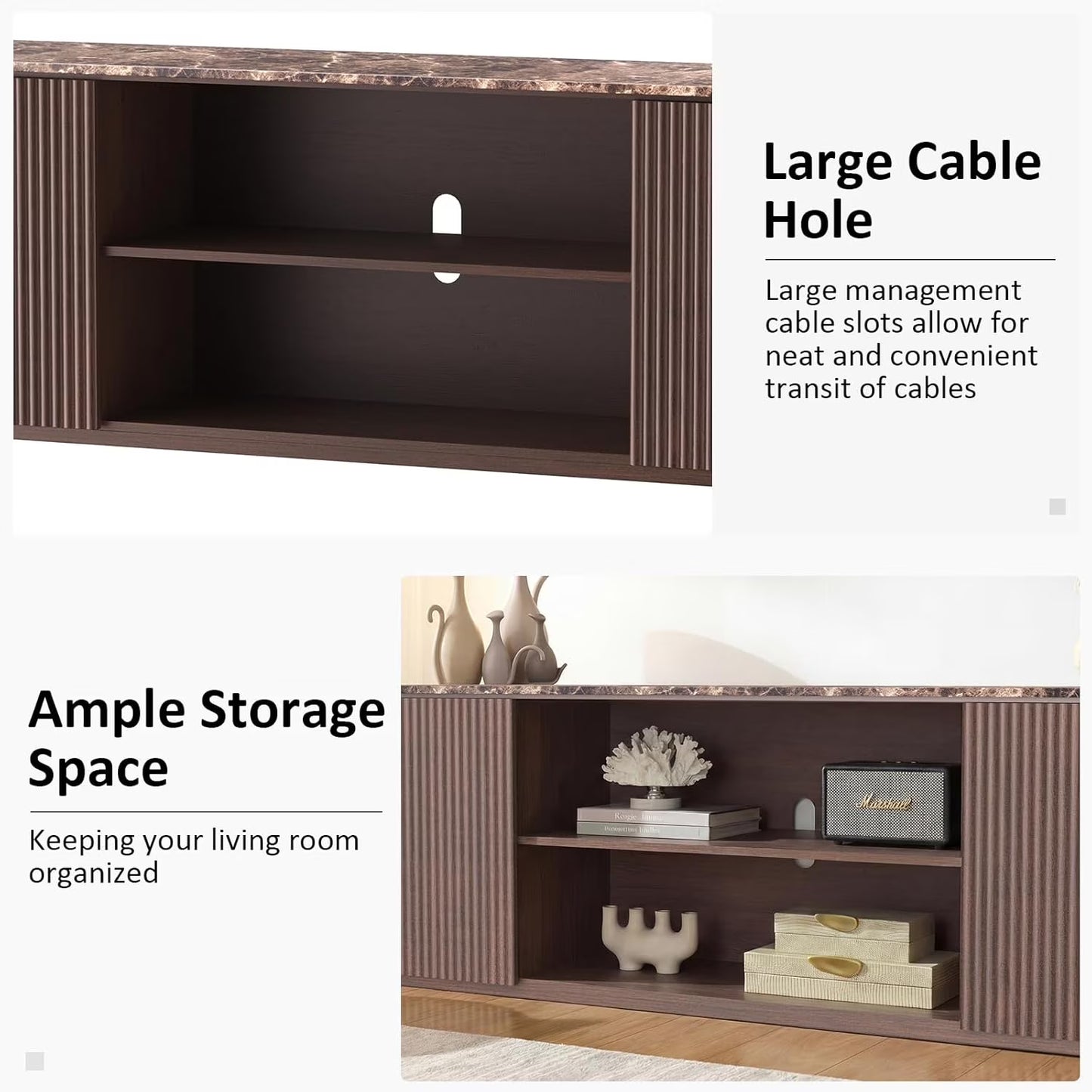 Hvoonc 70" Fluted TV Stand for 65-80" TVs, Faux Marble Top, Entertainment Center with Storage for Living Room, Walnut Brown