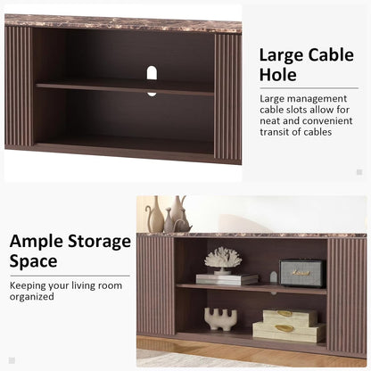 Hvoonc 70" Fluted TV Stand for 65-80" TVs, Faux Marble Top, Entertainment Center with Storage for Living Room, Walnut Brown