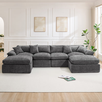 Hvoonc 137.5" Modular Sectional Couches for Living Room, Boneless Cloud Chenille Couch in a Box with 23.6" Deep Seats & Ottomans, Dark Gray