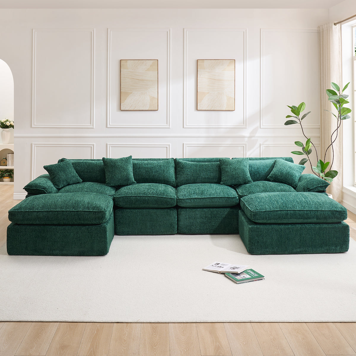 Hvoonc 137.5" Modular Sectional Couches for Living Room, Boneless Cloud Chenille Couch in a Box with 23.6" Deep Seats & Ottomans, Dark Green