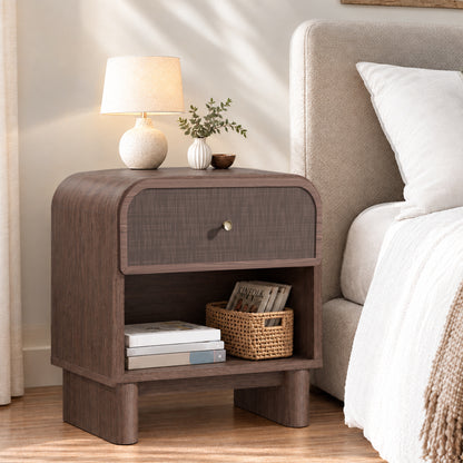 Hvoonc Nightstands Set of 2 with 1 Drawer and Open Shelf, Rounded Corner Rattan Bedside Tables with Storage, Modern End Tables for Bedroom, Dark Oak
