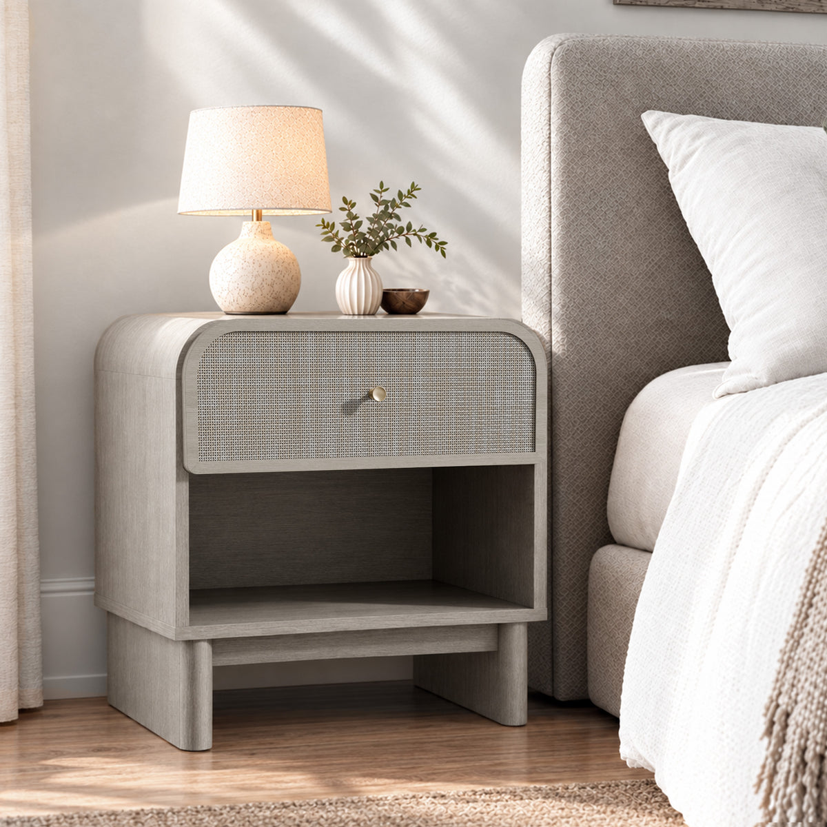 Hvoonc Nightstands Set of 2 with 1 Drawer and Open Shelf, Rounded Corner Rattan Bedside Tables with Storage, Modern End Tables for Bedroom, Gray Oak