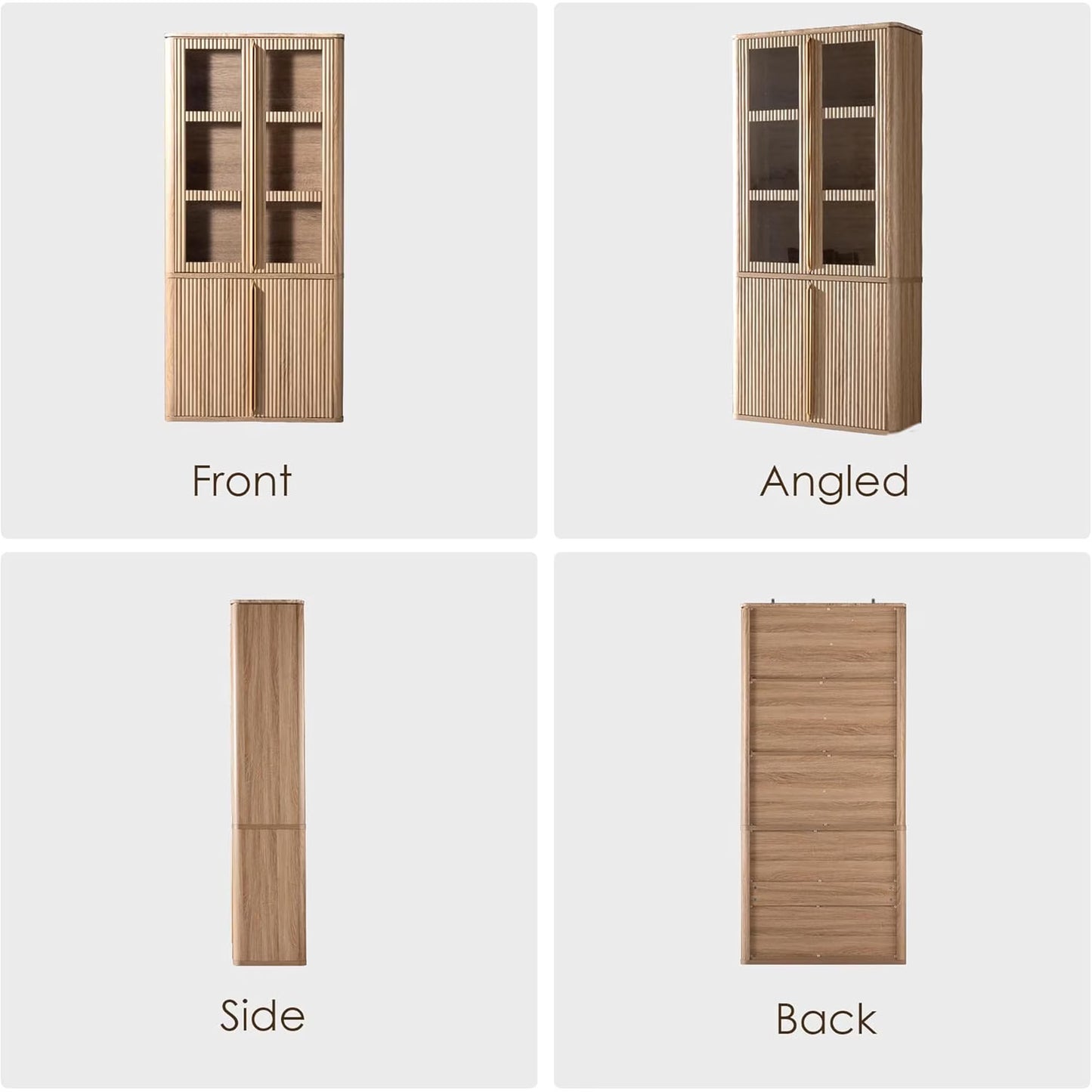 Hvoonc 77" Tall Fluted Accent Storage Cabinet with Glass Doors and Shelves, Kitchen Pantry Cabinet Organizer, Natural Oak