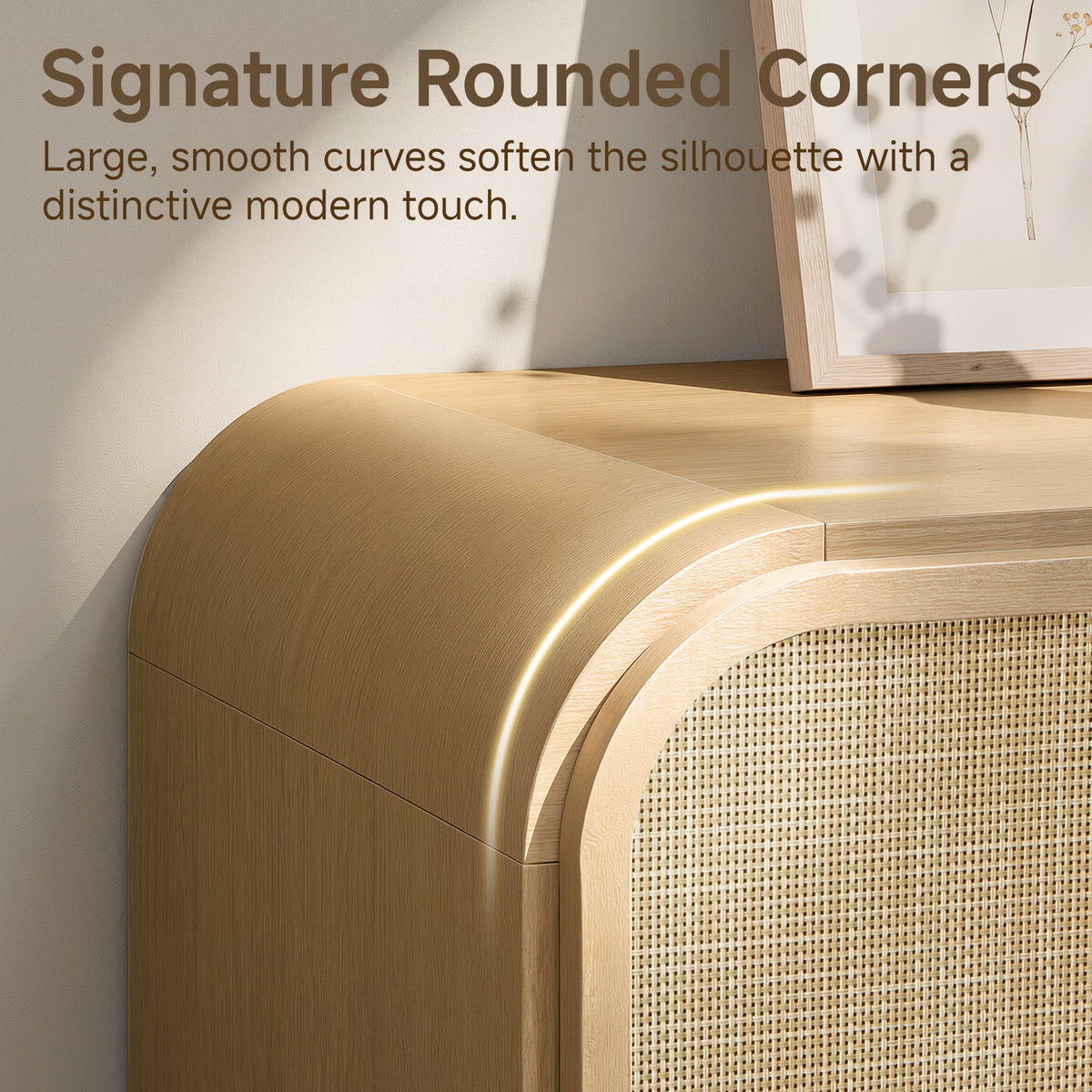Hvoonc Rattan Nightstand with Open Shelf, Rounded Corner Bedside Tables with Drawer Storage, Modern End Tables for Bedroom, Natural Oak