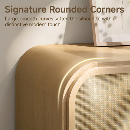 Hvoonc Rattan Nightstand with Open Shelf, Rounded Corner Bedside Tables with Drawer Storage, Modern End Tables for Bedroom, Natural Oak