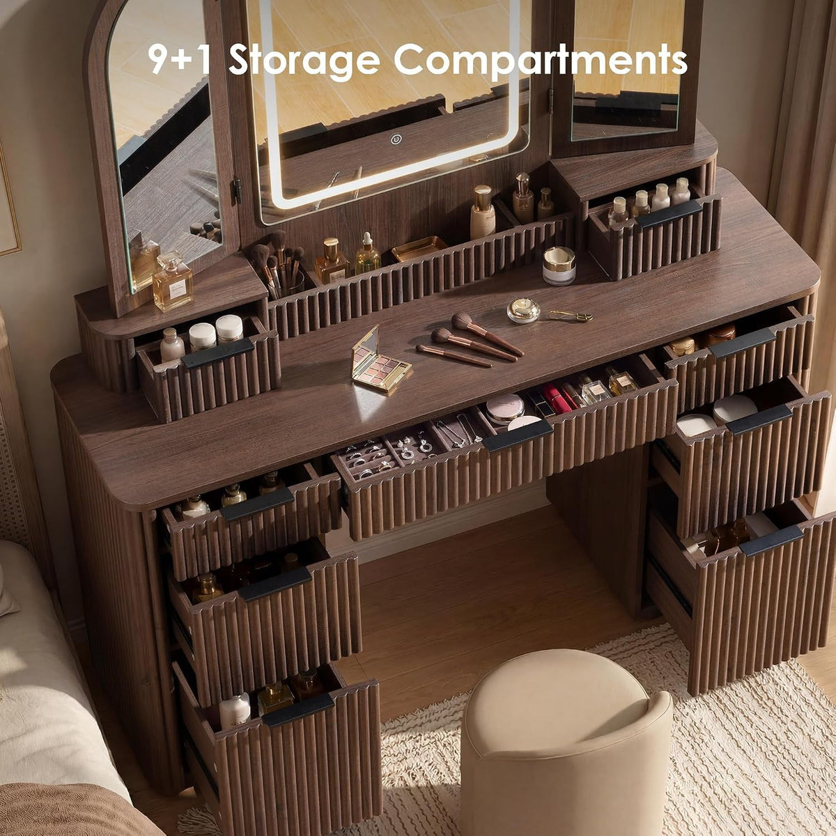 Hvoonc Vanity Desk with Trifold Mirrors and Lights, Fluted Makeup Vanity Table with 9 Drawers, Large Arched LED Mirror, Dressing Table with Storage for Bedroom, Walnut Brown