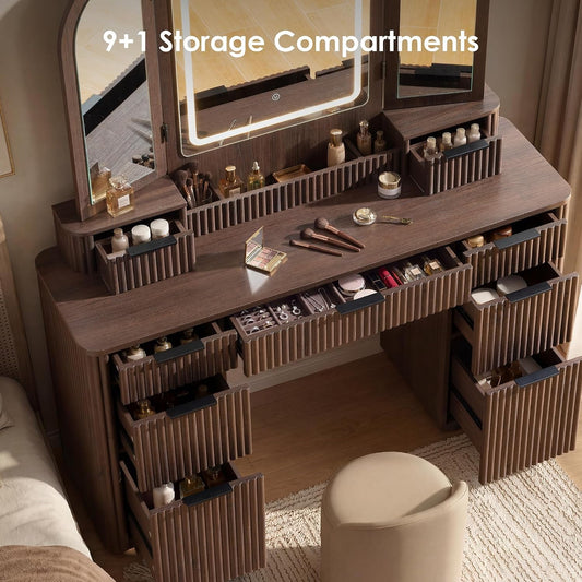 Hvoonc Vanity Desk with Trifold Mirrors and Lights, Fluted Makeup Vanity Table with 9 Drawers, Large Arched LED Mirror, Dressing Table with Storage for Bedroom, Walnut Brown