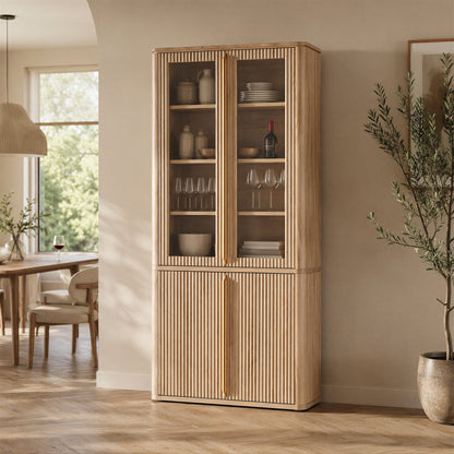 Hvoonc Set of 2 77" Tall Fluted Accent Storage Cabinet with Glass Doors and Shelves, Kitchen Pantry Cabinet Organizer, Natural Oak
