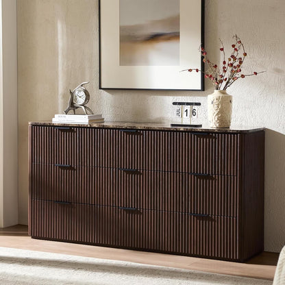 Hvoonc 63" Wide 9 Drawer Large Dresser, FSC-certified Wood, Walnut Bedroom Storage Cabinet with Faux Marble Top