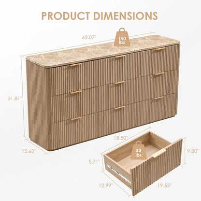 Hvoonc 63" Wide 9 Drawer Dresser with Faux Marble Top and 2" Thick Side Board, Large Oak Storage Cabinet for Bedroom Living Room