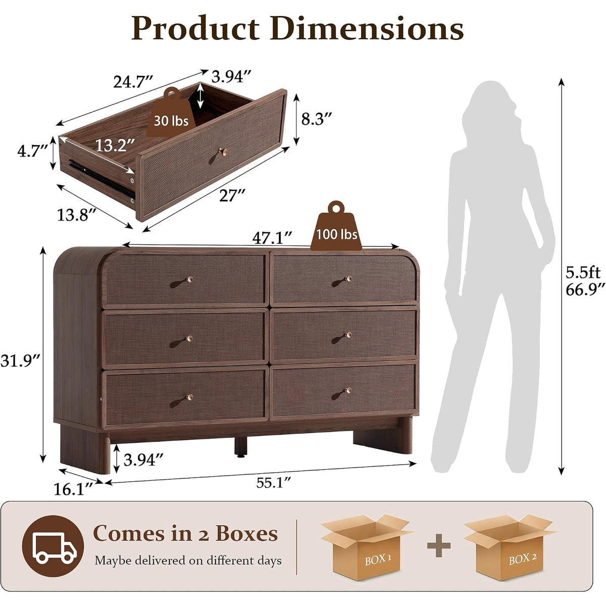 Hvoonc Modern Rattan 6 Drawer Dresser, 55.1" Wide Curved Chest of Drawers for Bedroom with Large Rounded Corners, Dark Oak