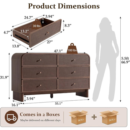 Hvoonc Modern Rattan 6 Drawer Dresser, 55.1" Wide Curved Chest of Drawers for Bedroom with Large Rounded Corners, Dark Oak