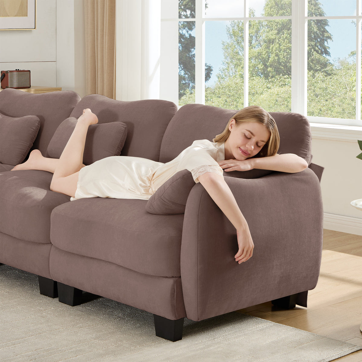 Hvoonc 101" Modular Sectional Sofa for Living Room, Sculptural Curved Chenille 3 Seater Couch with 2 Ottomans, 25" Deep Seat, Pocket Springs, Dusty Rose