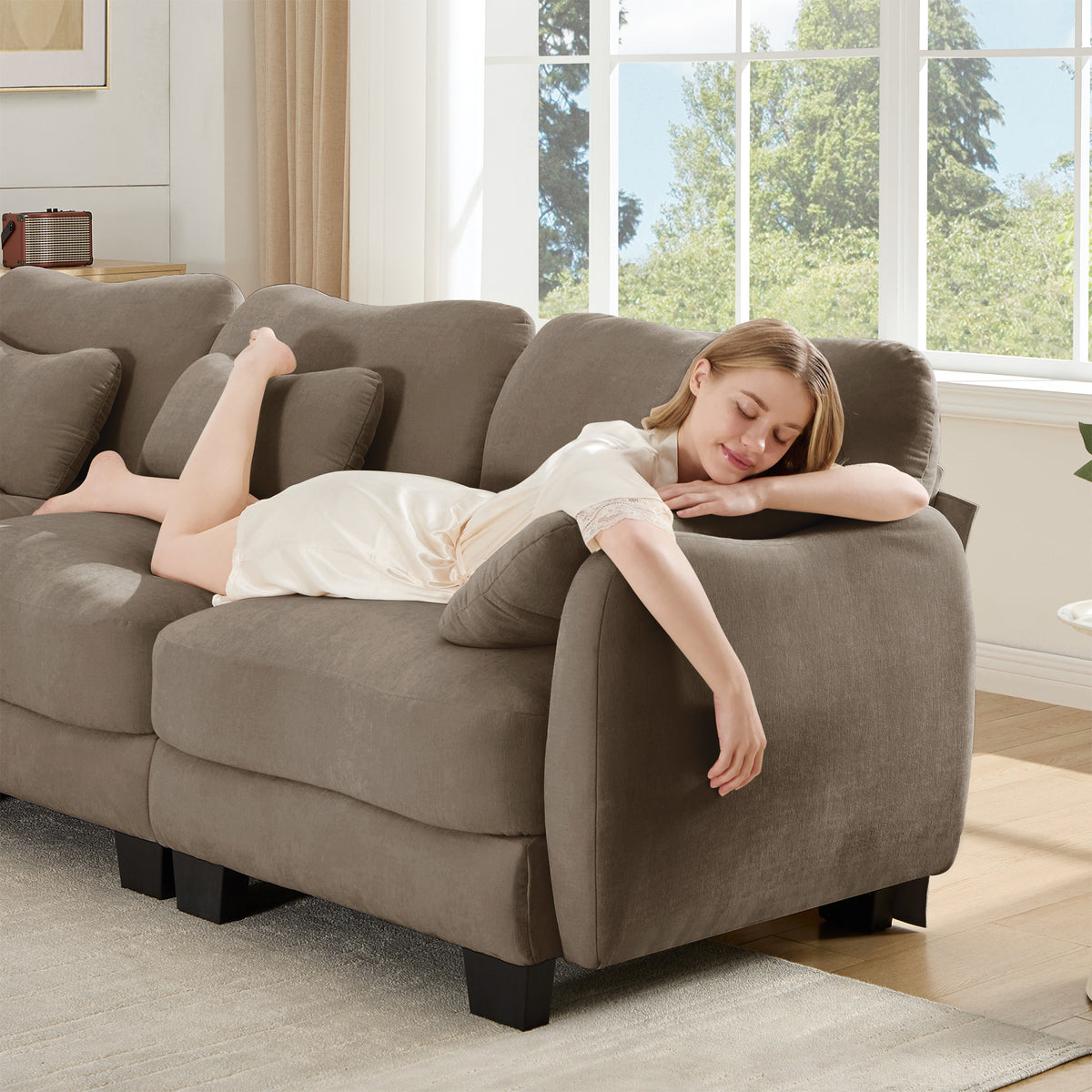 Hvoonc 101" Modular Sectional Sofa for Living Room, Sculptural Curved Chenille 3 Seater Couch with Ottoman, 25" Deep Seat, Pocket Springs, Mocha Brown