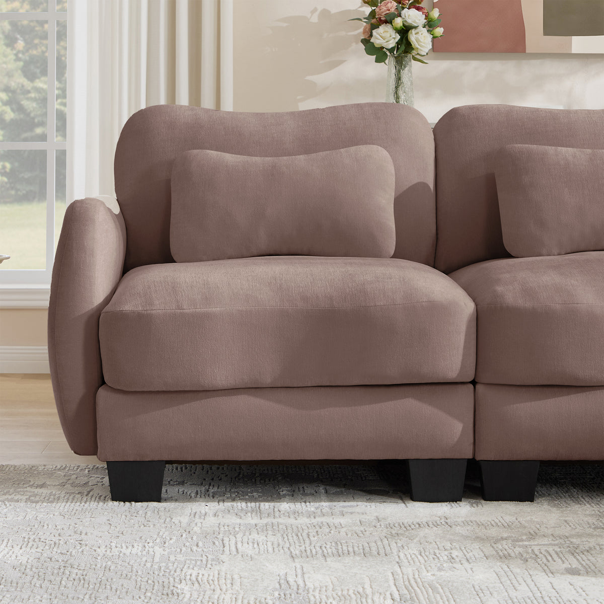 Hvoonc 101" Modular Sectional Sofa for Living Room, Sculptural Curved Chenille 3 Seater Couch with 2 Ottomans, 25" Deep Seat, Pocket Springs, Dusty Rose