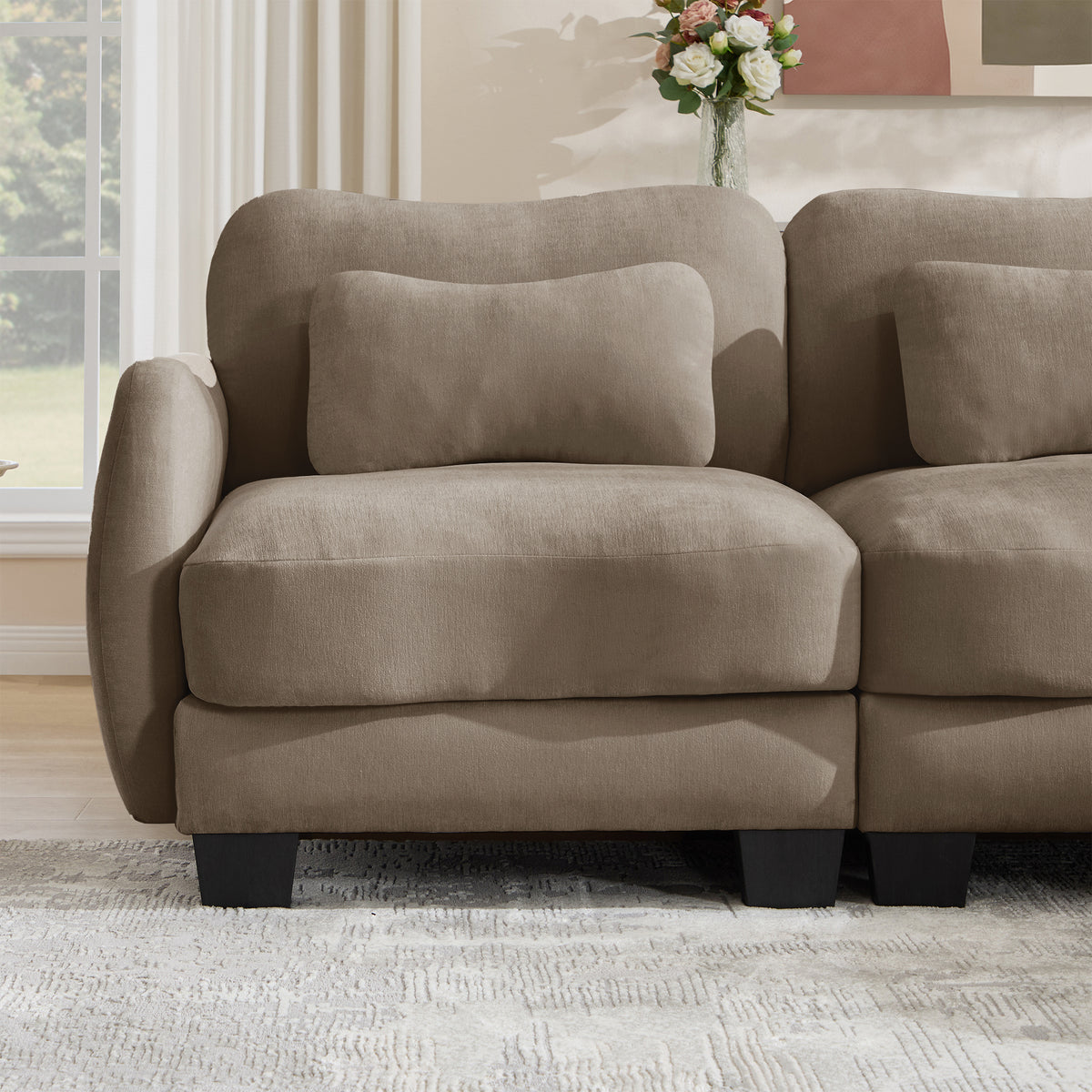 Hvoonc 101" Modular Sectional Sofa for Living Room, Sculptural Curved Chenille 3 Seater Couch with Ottoman, 25" Deep Seat, Pocket Springs, Mocha Brown