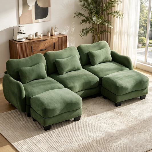 Hvoonc 101" Modular Sectional Sofa for Living Room, Sculptural Curved Chenille 3 Seater Couch with 2 Ottomans, 25" Deep Seat, Pocket Springs, Dark Green