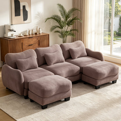 Hvoonc 101" Modular Sectional Sofa for Living Room, Sculptural Curved Chenille 3 Seater Couch with 2 Ottomans, 25" Deep Seat, Pocket Springs, Dusty Rose